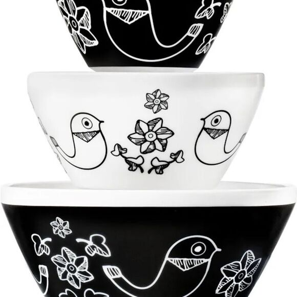 New Vintage Charm Inspired by Pyrex Birds of a Feather 3 PC Bowl Set Brown/White - Picture 4 of 4